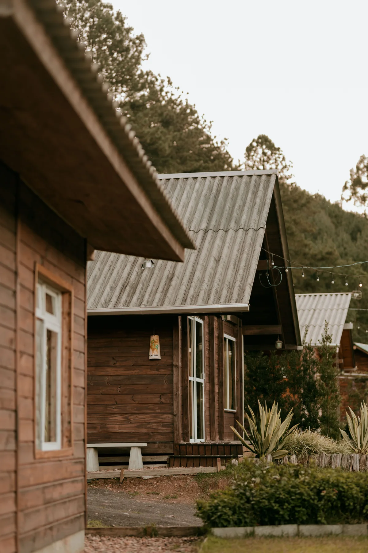 A path between timber cabins beneath deep pitched roofs